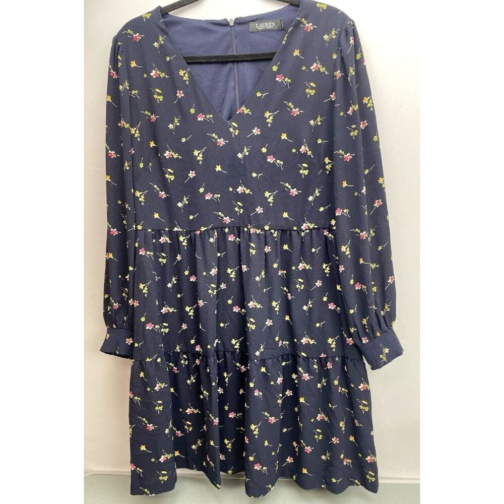 Ralph Lauren Floral Long Sleeve V-Neck Crepe Style Mini Dress Navy Blue Size 12 - Picture 6 of 16